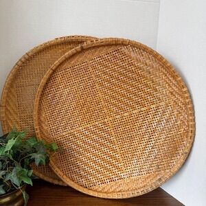 Vintage 19" Hand-Woven Bamboo Winnowing Basket | Rustic Boho Wall Decor Set of 2